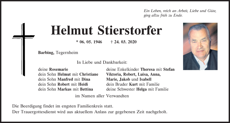  Traueranzeige für Helmut Stierstorfer vom 27.03.2020 aus Mittelbayerische Zeitung Regensburg