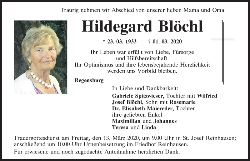  Traueranzeige für Hildegard Blöchl vom 07.03.2020 aus Mittelbayerische Zeitung Regensburg