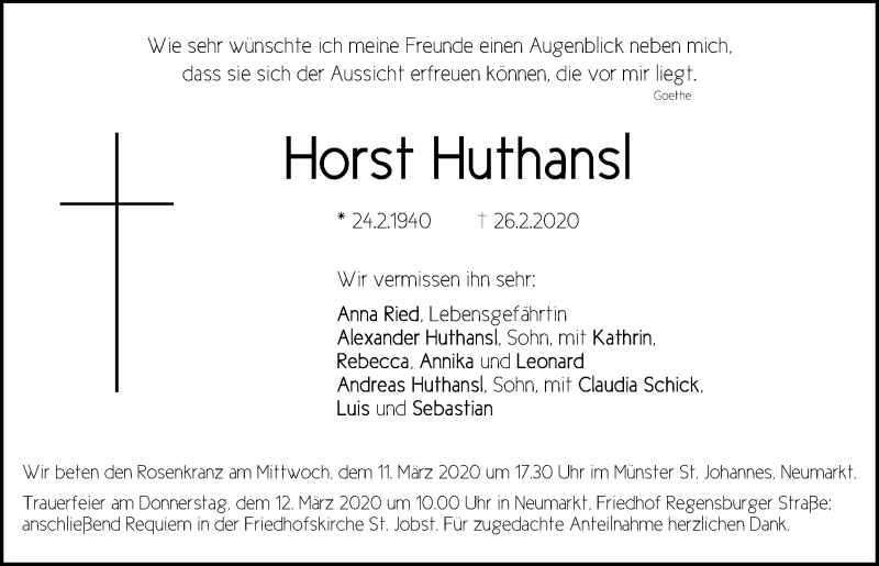  Traueranzeige für Horst Huthansl vom 07.03.2020 aus Neumarkter Tagblatt
