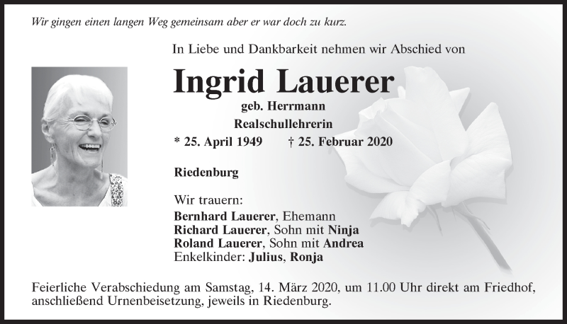  Traueranzeige für Ingrid Lauerer vom 11.03.2020 aus Mittelbayerische Zeitung Kelheim