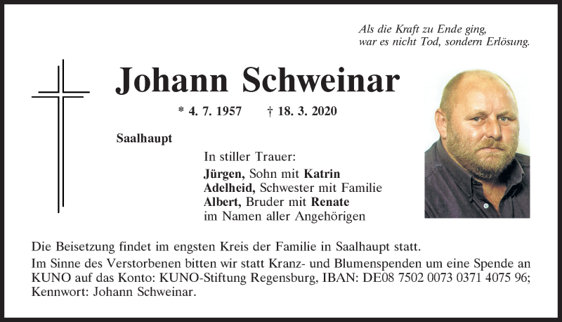  Traueranzeige für Johann Schweinar vom 21.03.2020 aus Mittelbayerische Zeitung Gesamtausgabe