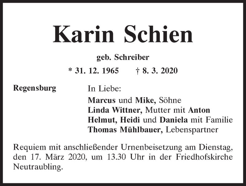  Traueranzeige für Karin Schien vom 14.03.2020 aus Mittelbayerische Zeitung Regensburg