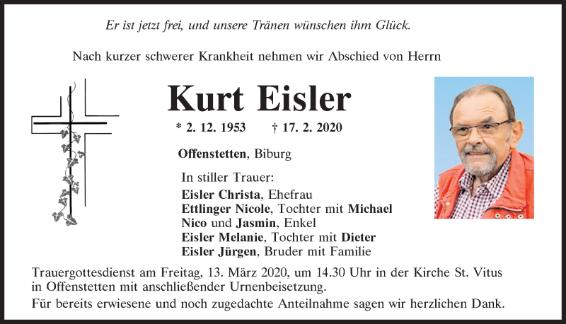  Traueranzeige für Kurt Eisler vom 09.03.2020 aus Mittelbayerische Zeitung Kelheim