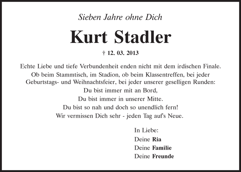  Traueranzeige für Kurt Stadler vom 12.03.2020 aus Mittelbayerische Zeitung Regensburg