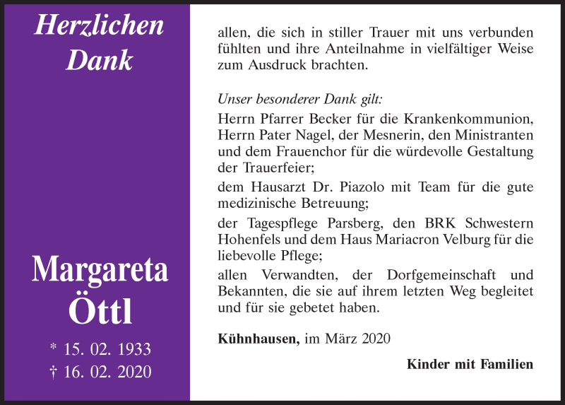  Traueranzeige für Margareta Öttl vom 07.03.2020 aus Neumarkter Tagblatt