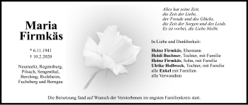 Traueranzeige von Maria Firmkäs von Neumarkter Tagblatt