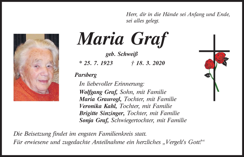  Traueranzeige für Maria Graf vom 21.03.2020 aus Neumarkter Tagblatt