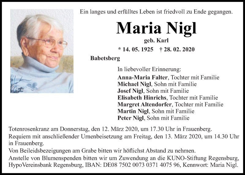  Traueranzeige für Maria Nigl vom 07.03.2020 aus Mittelbayerische Zeitung Regensburg