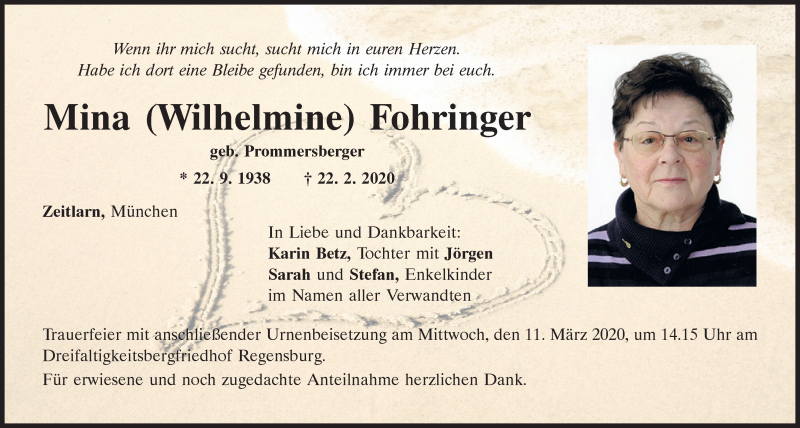  Traueranzeige für Mina  Fohringer vom 07.03.2020 aus Mittelbayerische Zeitung Regensburg