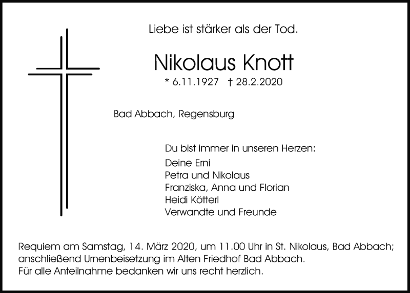  Traueranzeige für Nikolaus Knott vom 07.03.2020 aus Mittelbayerische Zeitung Regensburg