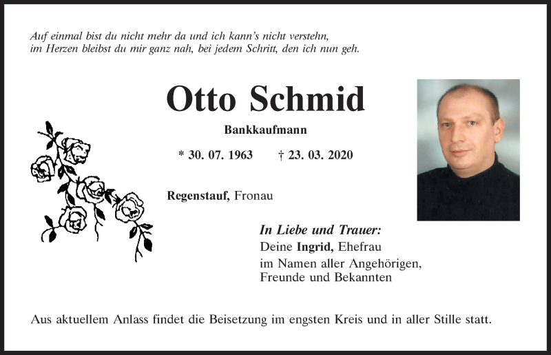 Traueranzeige für Otto Schmid vom 28.03.2020 aus Bayerwald Echo