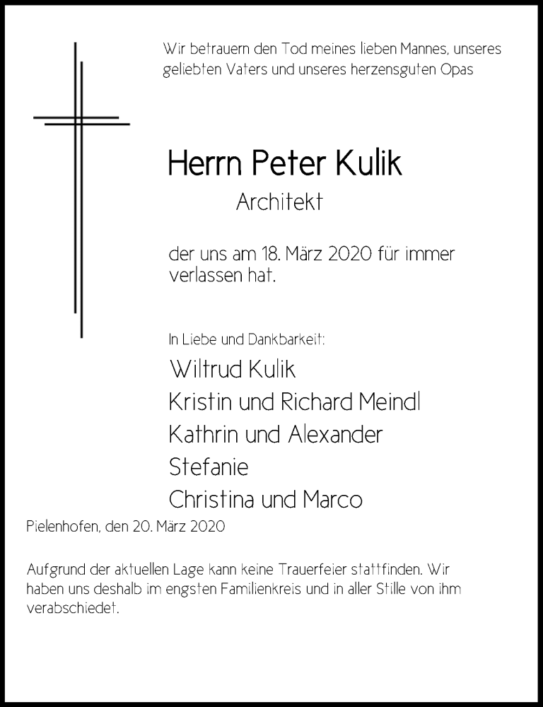  Traueranzeige für Peter Kulik vom 21.03.2020 aus Mittelbayerische Zeitung Regensburg