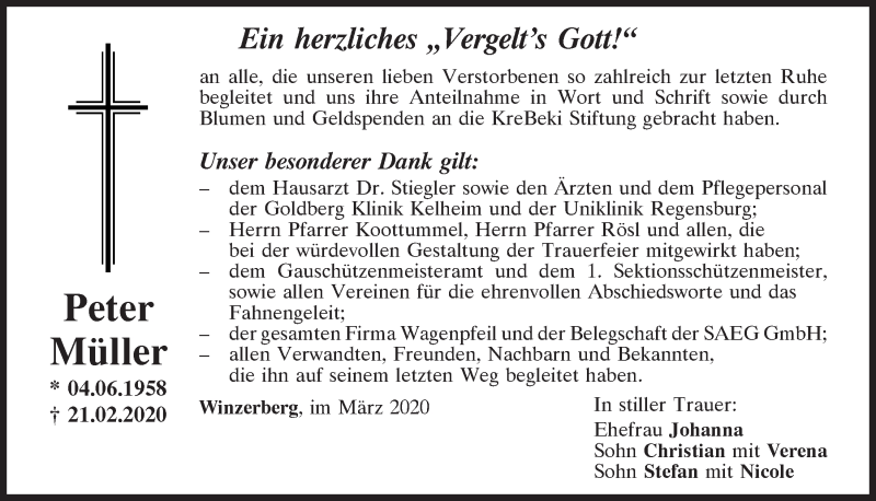  Traueranzeige für Peter Müller vom 07.03.2020 aus Mittelbayerische Zeitung Kelheim