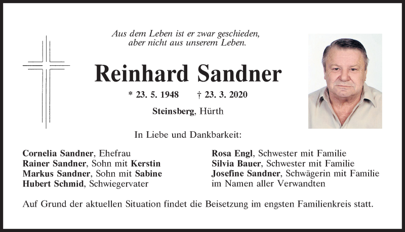  Traueranzeige für Reinhard Sandner vom 25.03.2020 aus Mittelbayerische Zeitung Regensburg