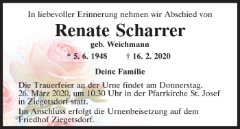 Traueranzeige von Renate Scharrer von Mittelbayerische Zeitung Regensburg
