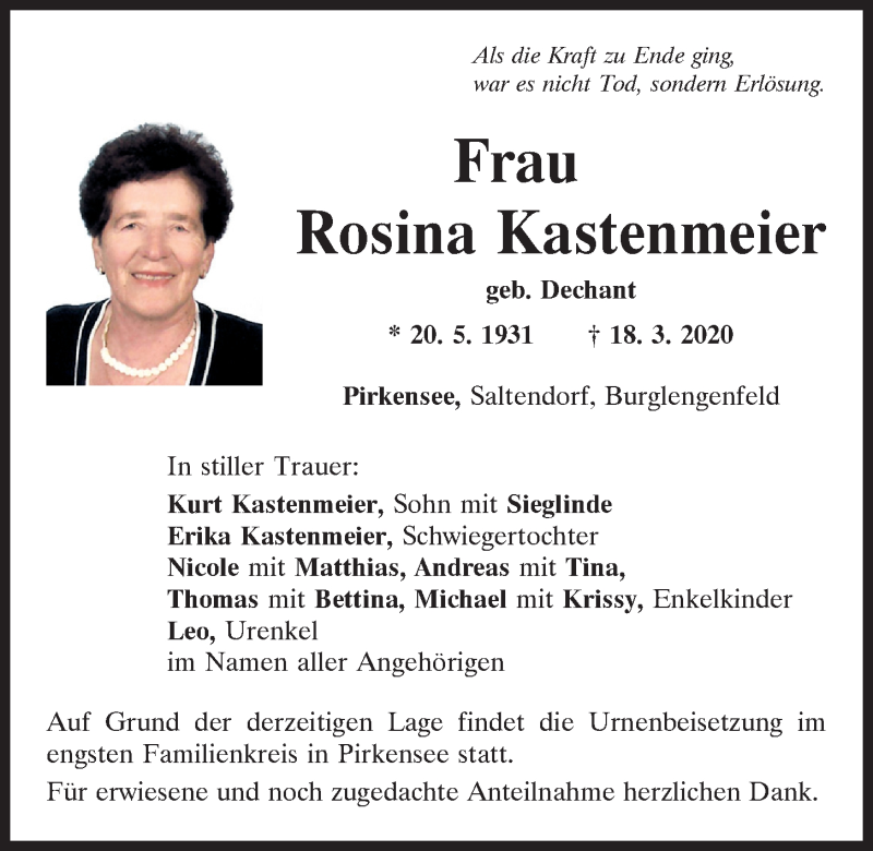  Traueranzeige für Rosina Kastenmeier vom 21.03.2020 aus Mittelbayerische Zeitung Schwandorf