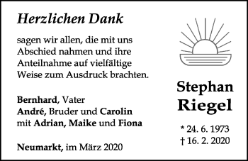Traueranzeige von Stephan Riegel von Neumarkter Tagblatt