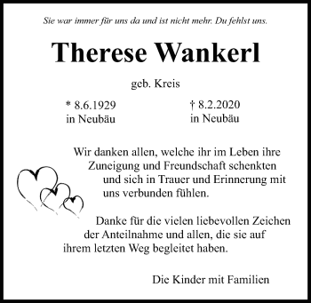 Traueranzeige von Therese Wankerl von Bayerwald Echo