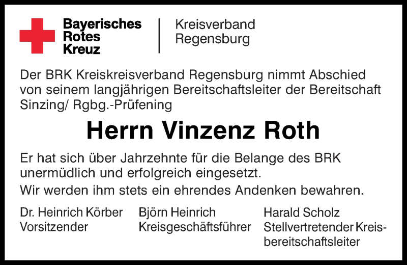  Traueranzeige für Vinzenz Roth vom 21.03.2020 aus Mittelbayerische Zeitung Regensburg