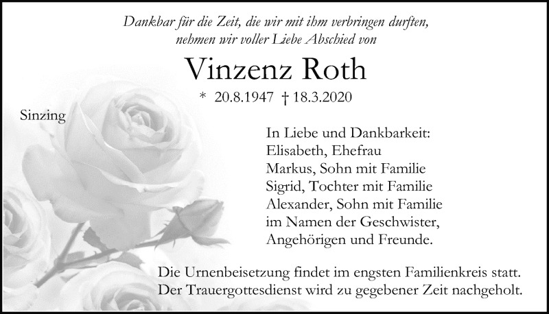  Traueranzeige für Vinzenz Roth vom 21.03.2020 aus Mittelbayerische Zeitung Regensburg