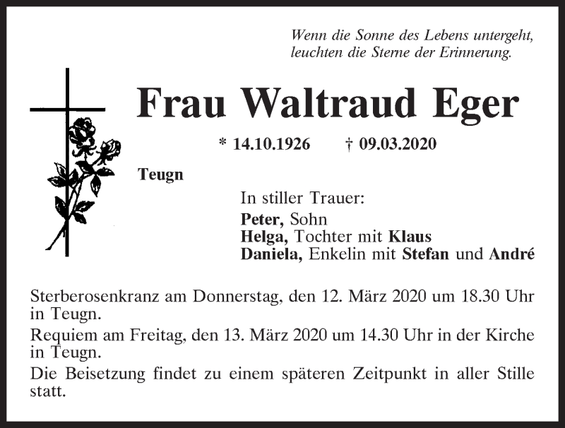 Traueranzeige für Waltraud Eger vom 11.03.2020 aus Mittelbayerische Zeitung Kelheim