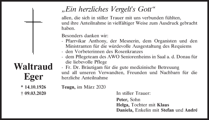  Traueranzeige für Waltraud Eger vom 31.03.2020 aus Mittelbayerische Zeitung Kelheim