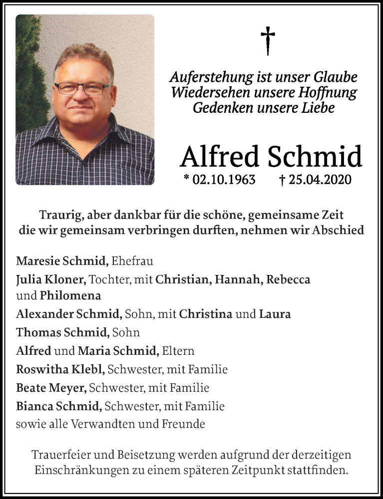 Traueranzeige für Alfred Schmid vom 30.04.2020 aus Neumarkter Tagblatt