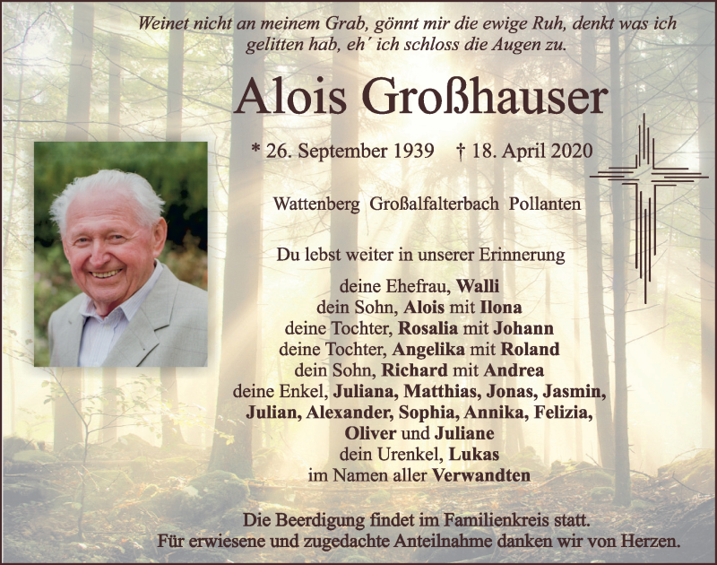  Traueranzeige für Alois Großhauser vom 20.04.2020 aus Neumarkter Tagblatt