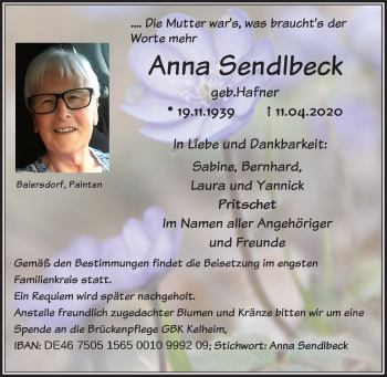 Traueranzeige von Anna Sendlbeck von Mittelbayerische Zeitung Kelheim