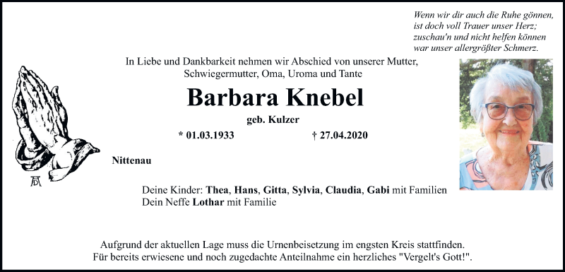  Traueranzeige für Barbara Knebel vom 29.04.2020 aus Mittelbayerische Zeitung Schwandorf