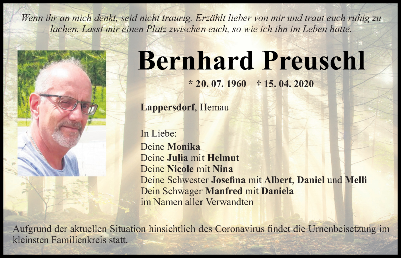  Traueranzeige für Bernhard Preuschl vom 18.04.2020 aus Mittelbayerische Zeitung Regensburg