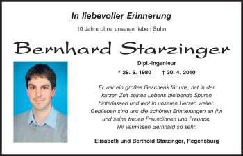 Traueranzeige von Bernhard Starzinger von Mittelbayerische Zeitung Regensburg