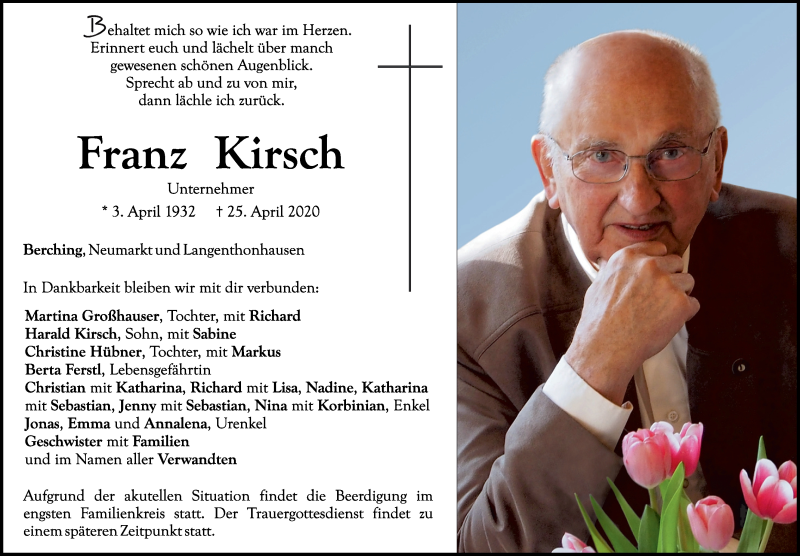  Traueranzeige für Franz Kirsch vom 28.04.2020 aus Neumarkter Tagblatt