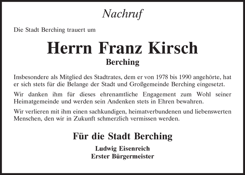  Traueranzeige für Franz Kirsch vom 29.04.2020 aus Neumarkter Tagblatt