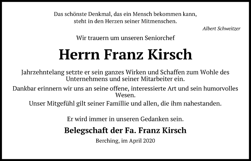  Traueranzeige für Franz Kirsch vom 30.04.2020 aus Neumarkter Tagblatt