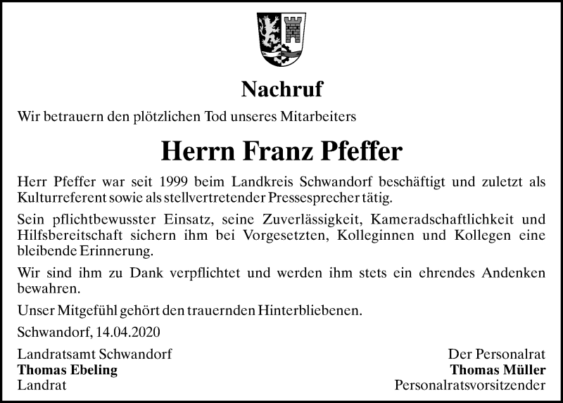  Traueranzeige für Franz Pfeffer vom 16.04.2020 aus Mittelbayerische Zeitung Schwandorf