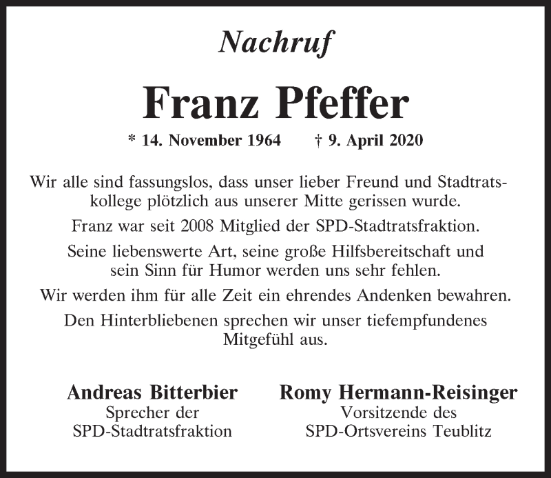  Traueranzeige für Franz Pfeffer vom 15.04.2020 aus Mittelbayerische Zeitung Schwandorf