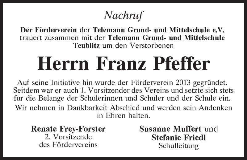 Traueranzeige für Franz Pfeffer vom 16.04.2020 aus Mittelbayerische Zeitung Schwandorf