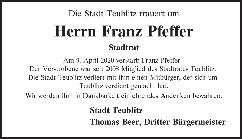  Traueranzeige für Franz Pfeffer vom 14.04.2020 aus Mittelbayerische Zeitung Schwandorf