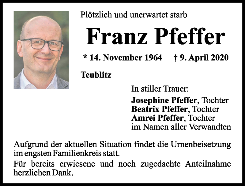 Traueranzeigen von Franz Pfeffer Mittelbayerische Trauer