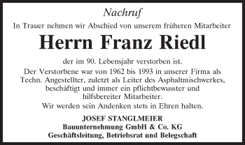 Traueranzeige von Franz Riedl von Mittelbayerische Zeitung Kelheim