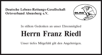 Traueranzeige von Franz Riedl von Mittelbayerische Zeitung Kelheim