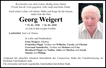 Traueranzeige von Georg Weigert von Mittelbayerische Zeitung Regensburg
