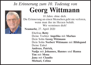Traueranzeige von Georg Wittmann von Neumarkter Tagblatt