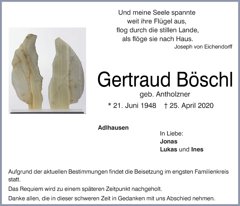  Traueranzeige für Gertraud Böschl vom 30.04.2020 aus Mittelbayerische Zeitung Kelheim