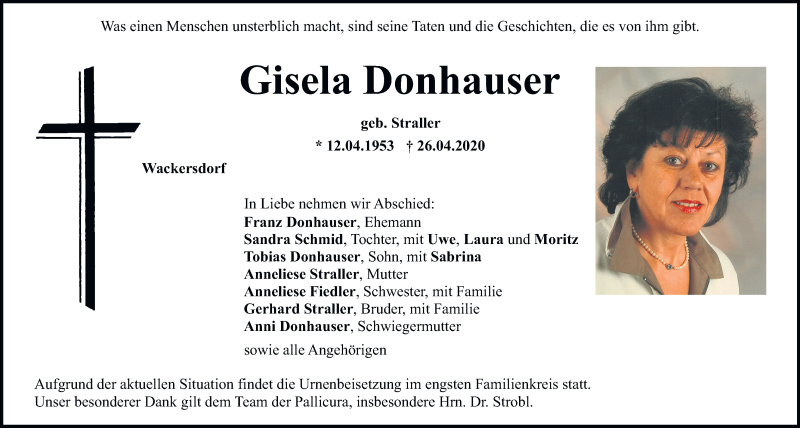  Traueranzeige für Gisela Donhauser vom 28.04.2020 aus Mittelbayerische Zeitung Schwandorf