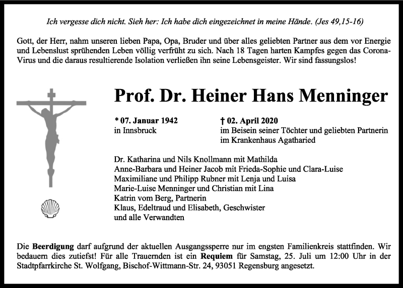  Traueranzeige für Heiner Hans Menninger vom 04.04.2020 aus Mittelbayerische Zeitung Regensburg