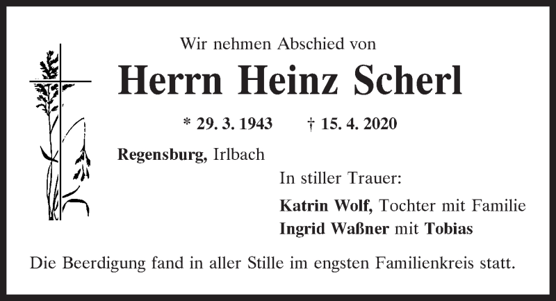  Traueranzeige für Heinz Scherl vom 18.04.2020 aus Mittelbayerische Zeitung Regensburg