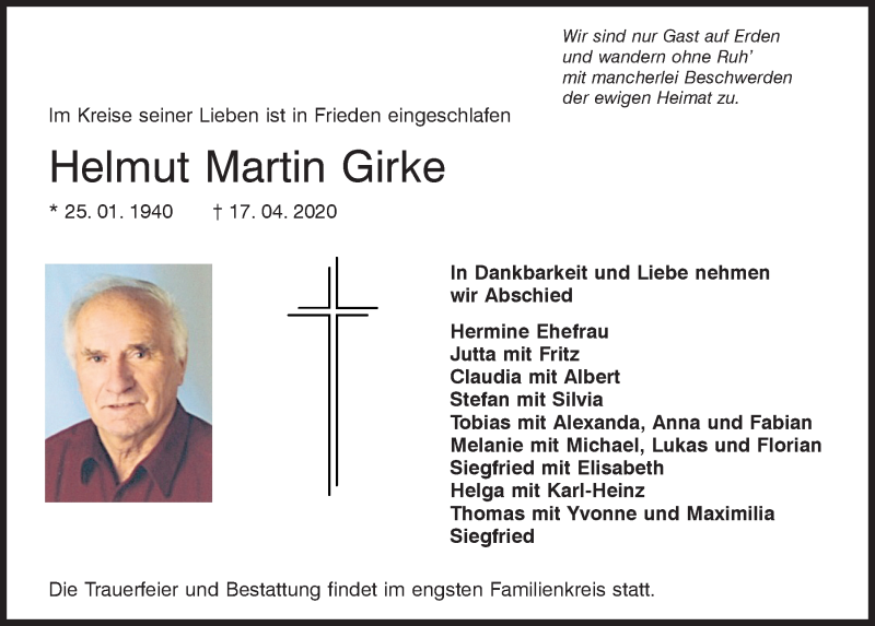  Traueranzeige für Helmut Martin Girke vom 25.04.2020 aus Mittelbayerische Zeitung Kelheim