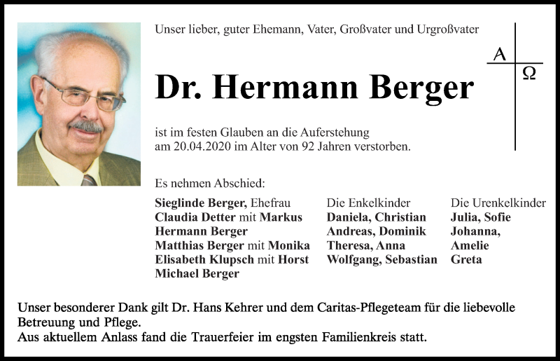  Traueranzeige für Hermann Berger vom 25.04.2020 aus Mittelbayerische Zeitung Regensburg